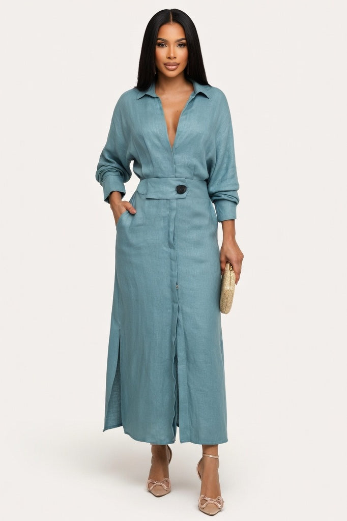 V-Neck Shirt Dress — Sky Blue