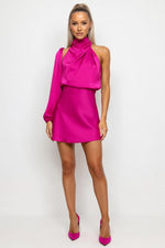 One-Shoulder Satin Midi Dress — Rose Red