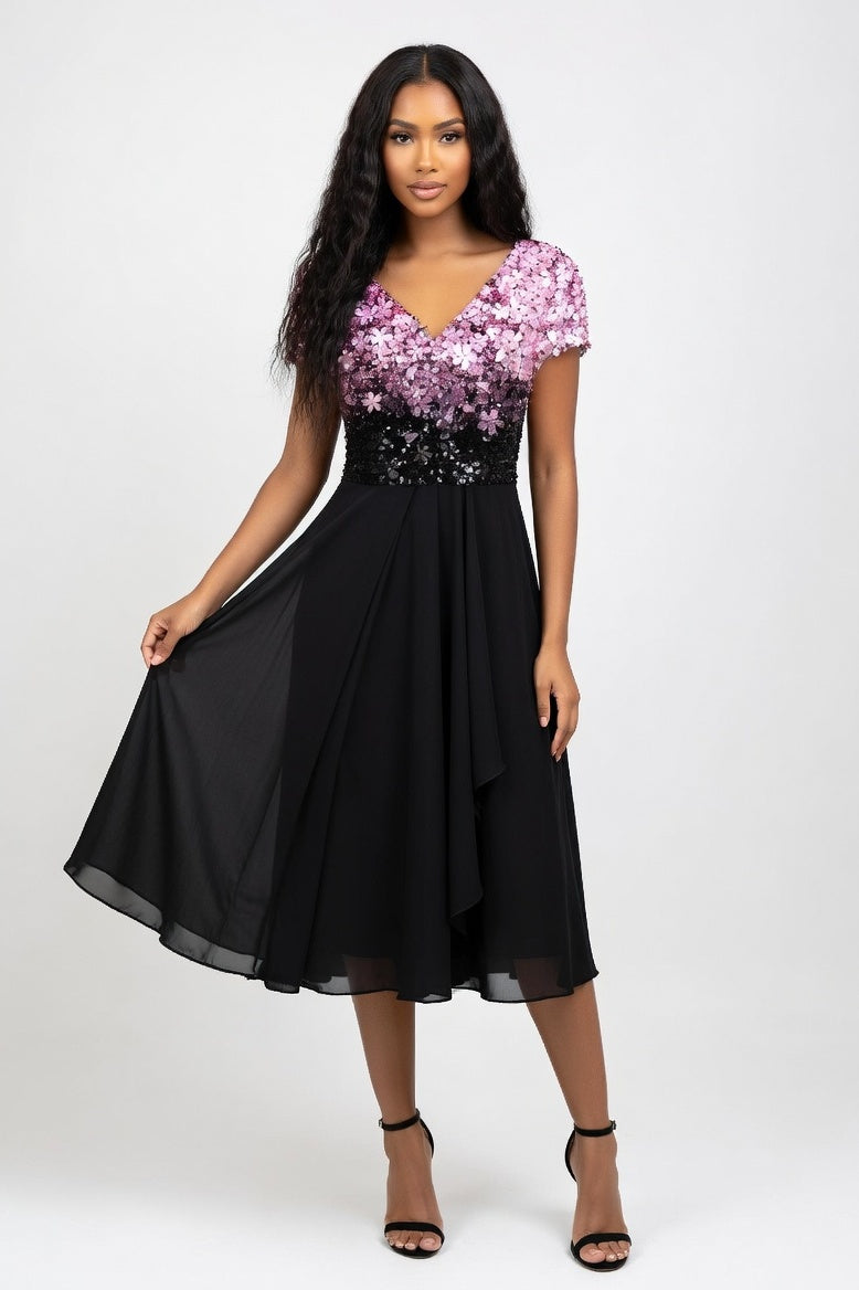 V-Neck Printed Midi Dress — Pink