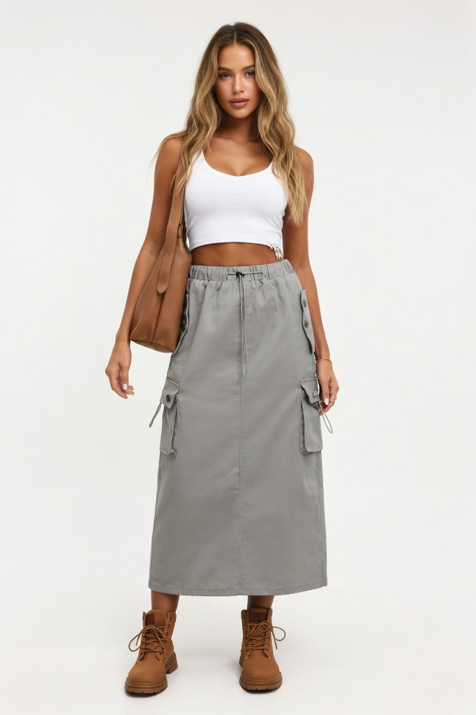 Drawstring Denim Work Skirt — Light Grey