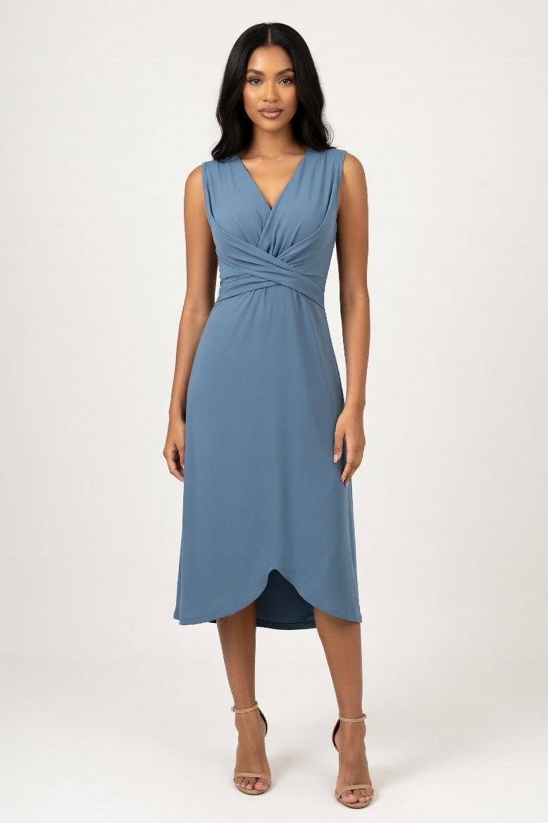 V-Neck Wrap Midi Dress — Slate Grey