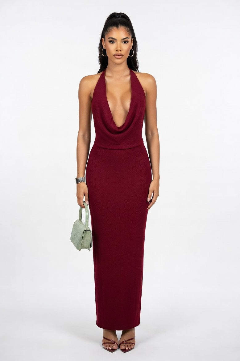 Halter Pleat Mini Dress — Burgundy