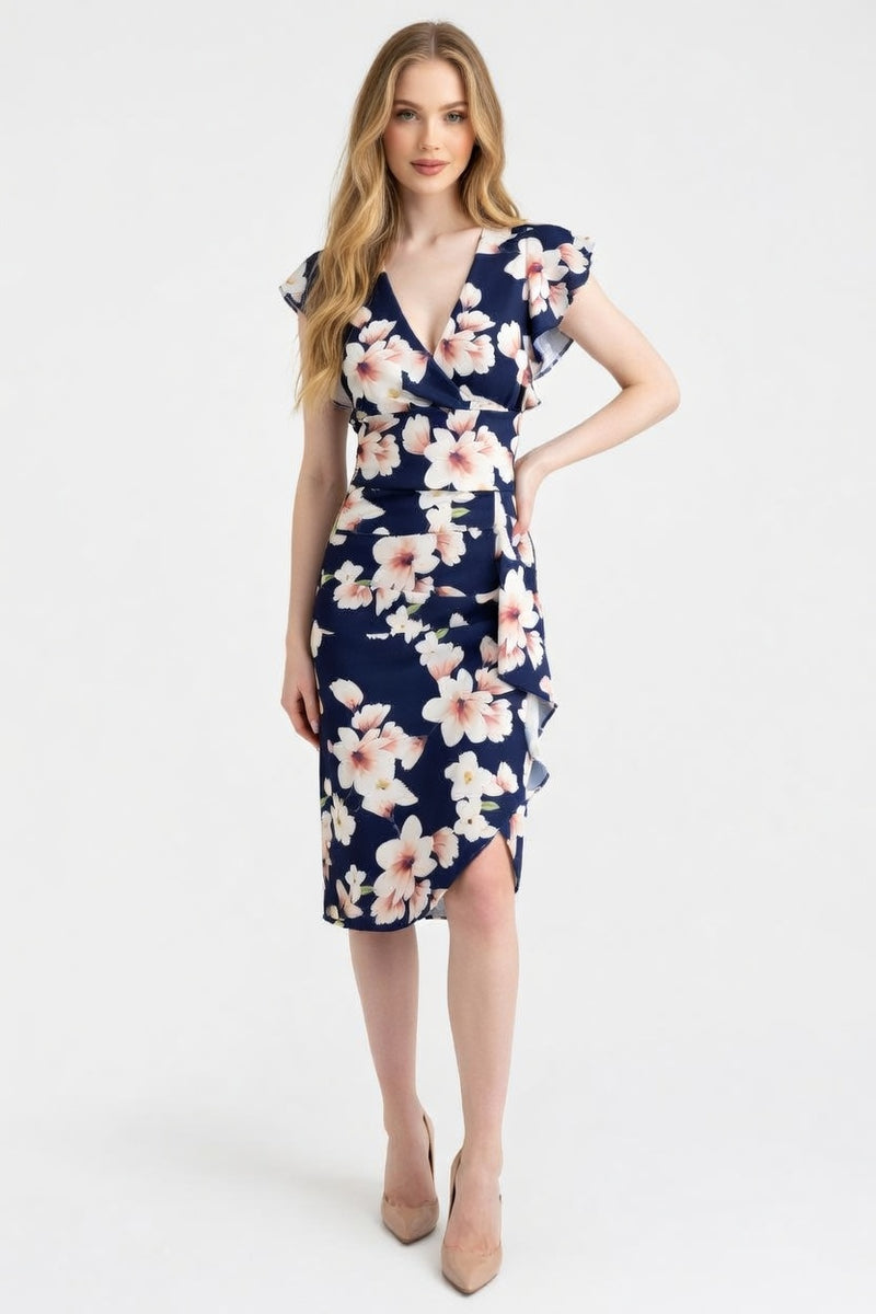 Ruffle V-Neck Mini Dress — Black White Floral
