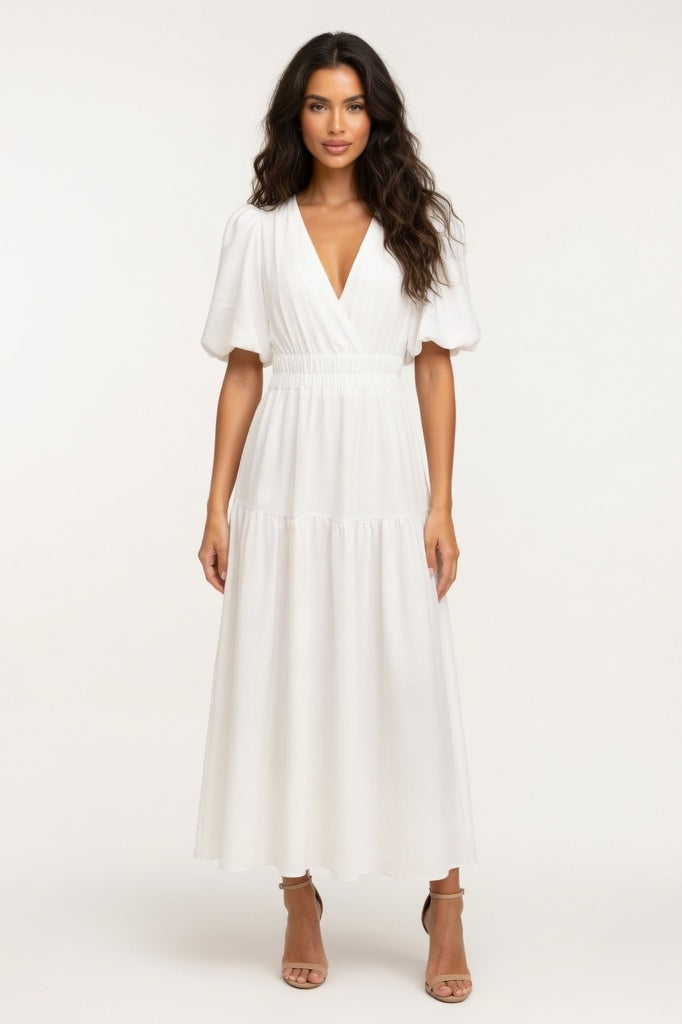 Deep V Puff Sleeve Maxi Dress — Apricot