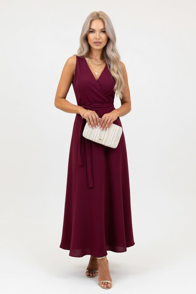Lace-Up V-Neck Maxi Dress — Burgundy