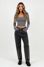 Round Neck Long Sleeve Top — Grey