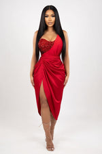 Sequin One-Shoulder Maxi Dress — Red