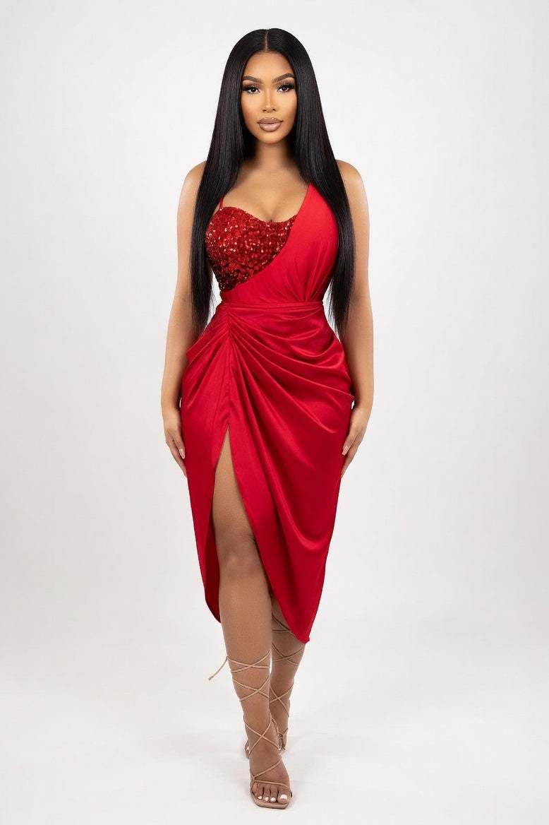 Sequin One-Shoulder Maxi Dress — Red