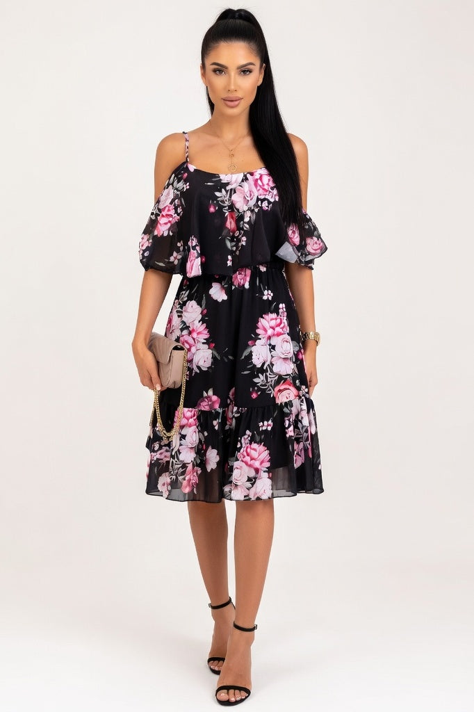 Off-Shoulder Chiffon Dress — Black
