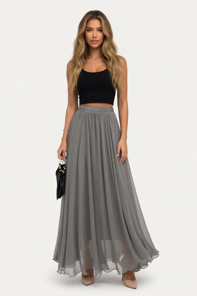 Chiffon High-Waist Maxi Skirt — Grey