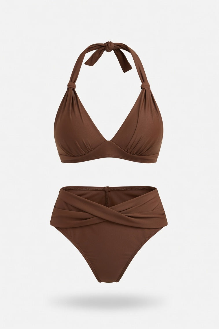 Halter Push-Up Split Swimsuit — Caramel