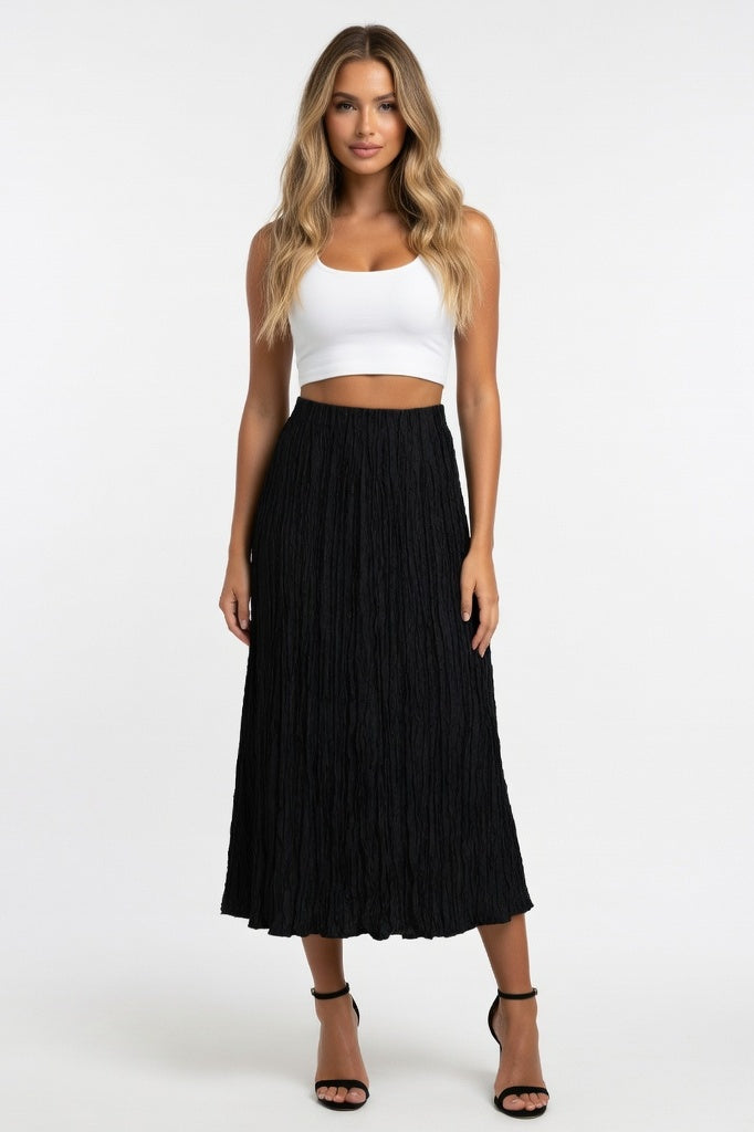 Hand-Pleated Midi Skirt — Black