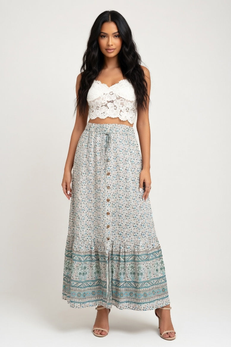 Cotton Front-Slit Maxi Skirt — Green