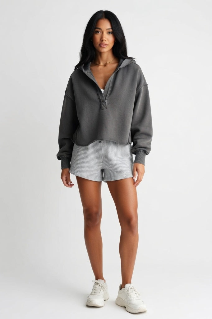 V-Neck Hooded Sweatshirt — Grey