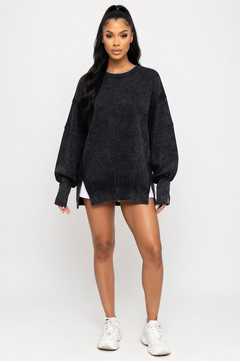Washed Cotton Sweatshirt with Decorative Line Detail — Washed Black