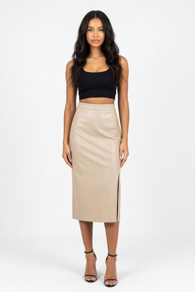 PU Leather Slit Midi Skirt — Cream