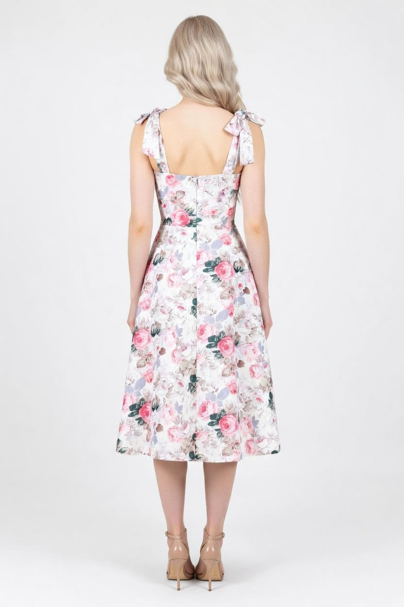 Floral Print Midi Dress with Bow Detail — back view