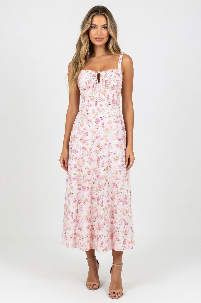 Cross-Back Print Maxi Dress — Orange Pink Floral