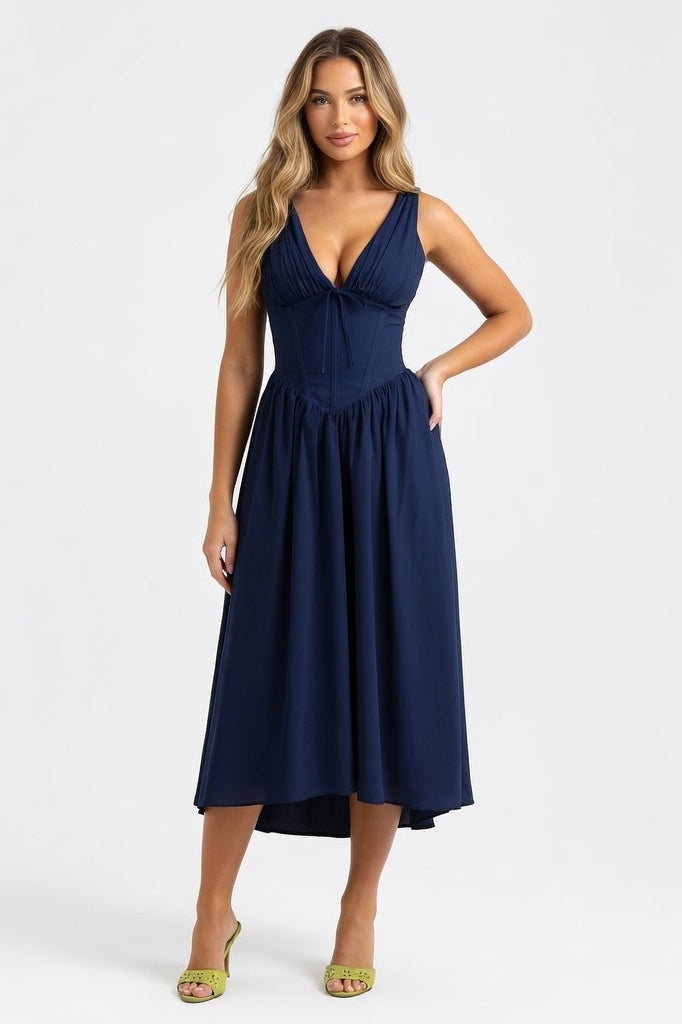 V-Neck Printed Halter Dress — Blue
