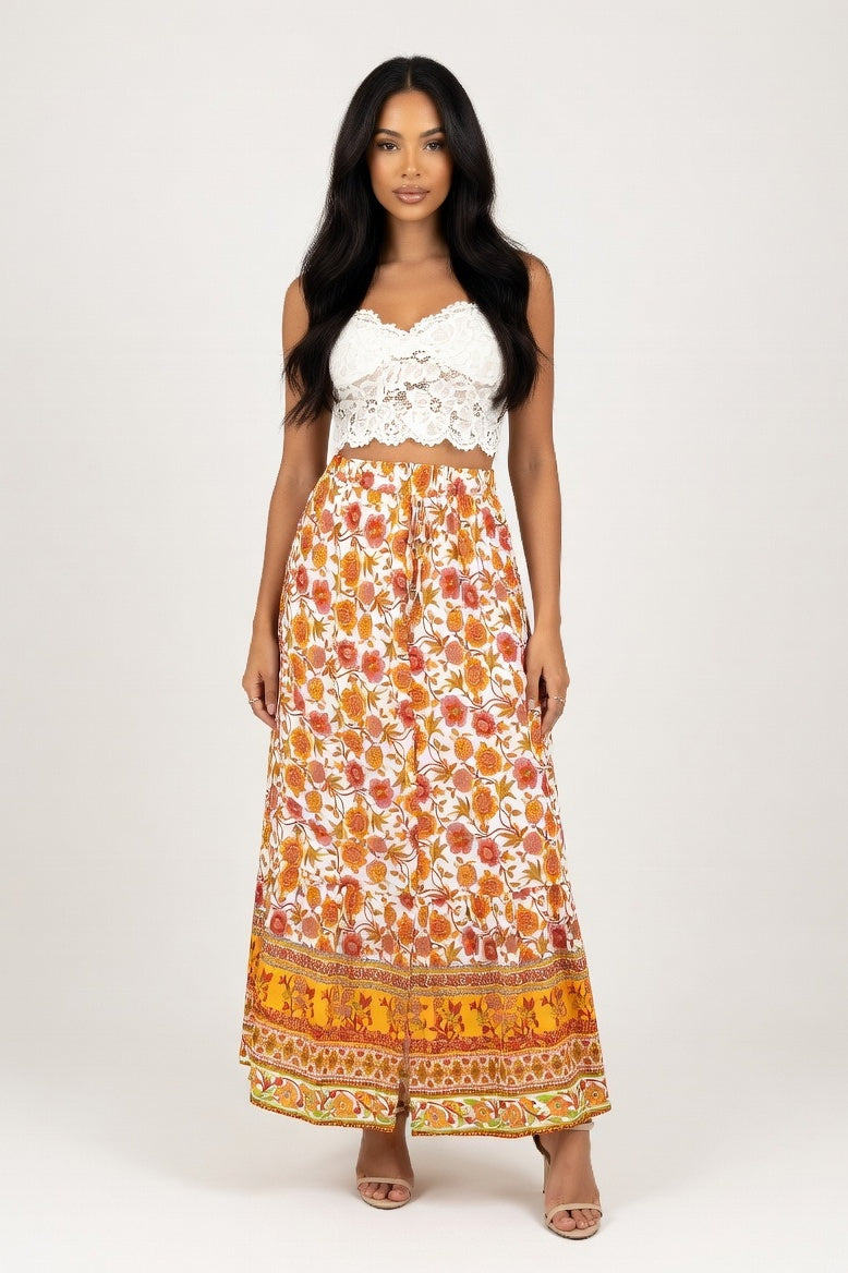 Viscose Midi Skirt with Front Slit — White