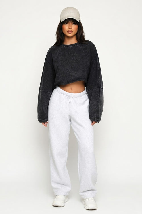 Cropped Distressed Sweatshirt — Washed Black