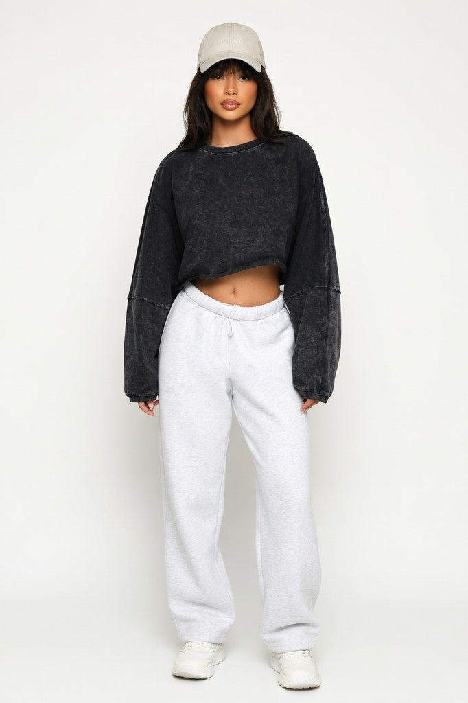 Cropped Distressed Sweatshirt — Washed Black