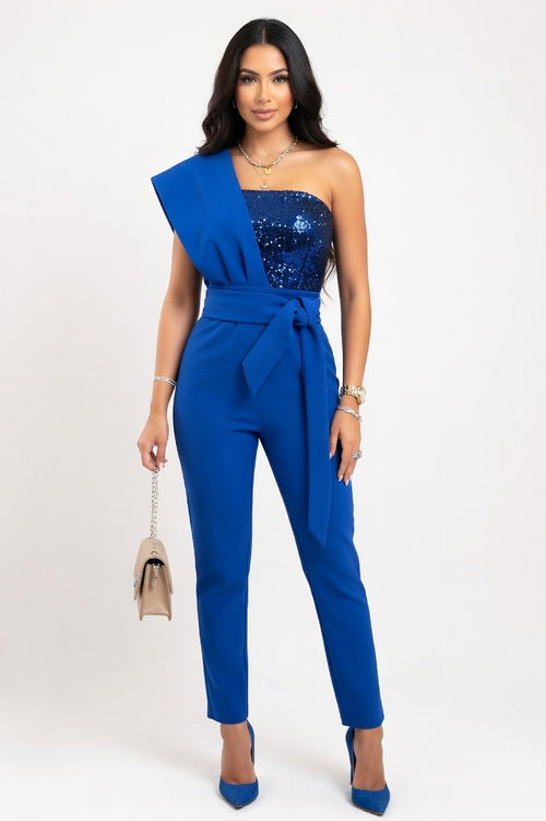 Sequin Sleeveless Jumpsuit — Blue Sequin