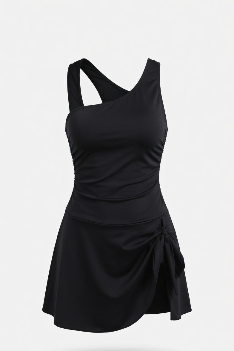 One Shoulder Print Swimsuit — Black