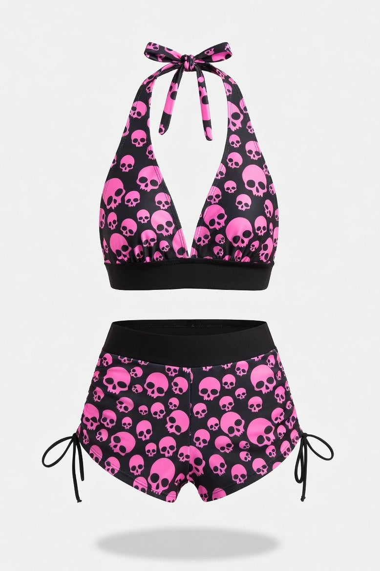 Skull Print Boxer Swimsuit — Pink Dot