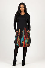 Printed Long Sleeve Midi Dress — Black Abstract Print