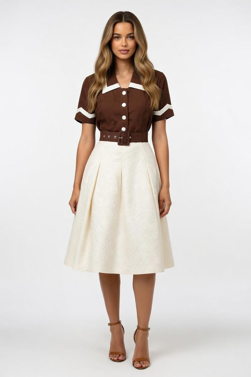 Contrast Lapel Short Sleeve Dress — front view