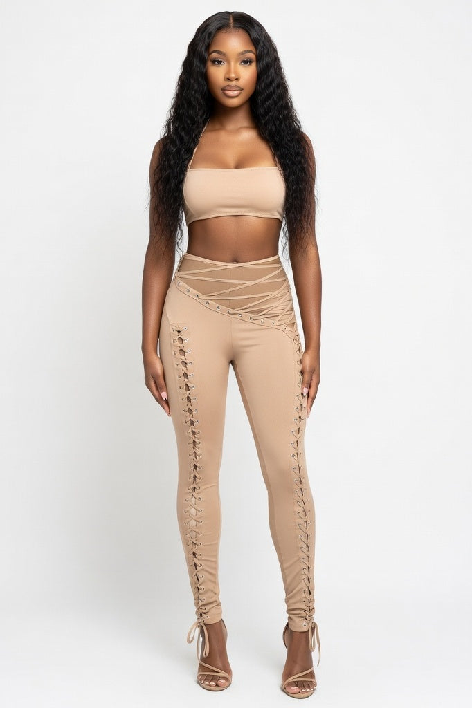 Lace-Up Vest and Trouser Co-Ord Set — Khaki