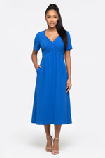 Draped Short Sleeve Dress — Blue