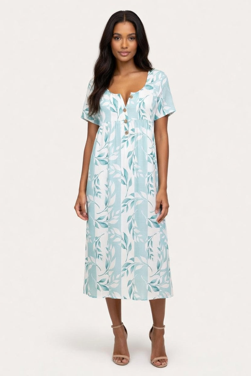 Knitted Dress Button Front Print — Teal
