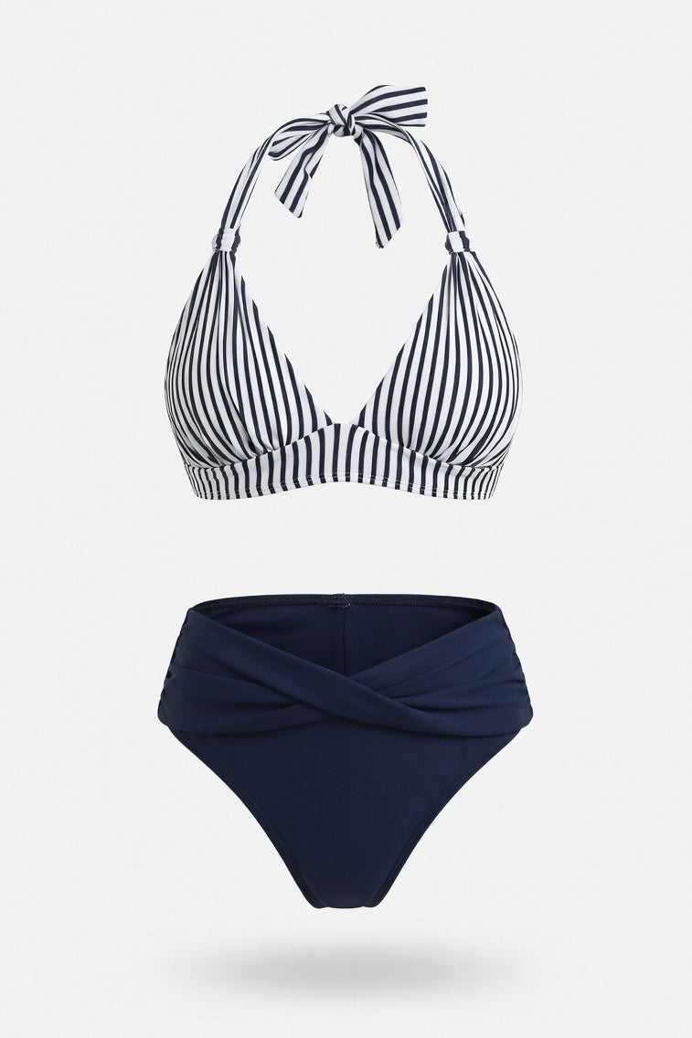 Halter Push-Up Split Swimsuit — Stripe