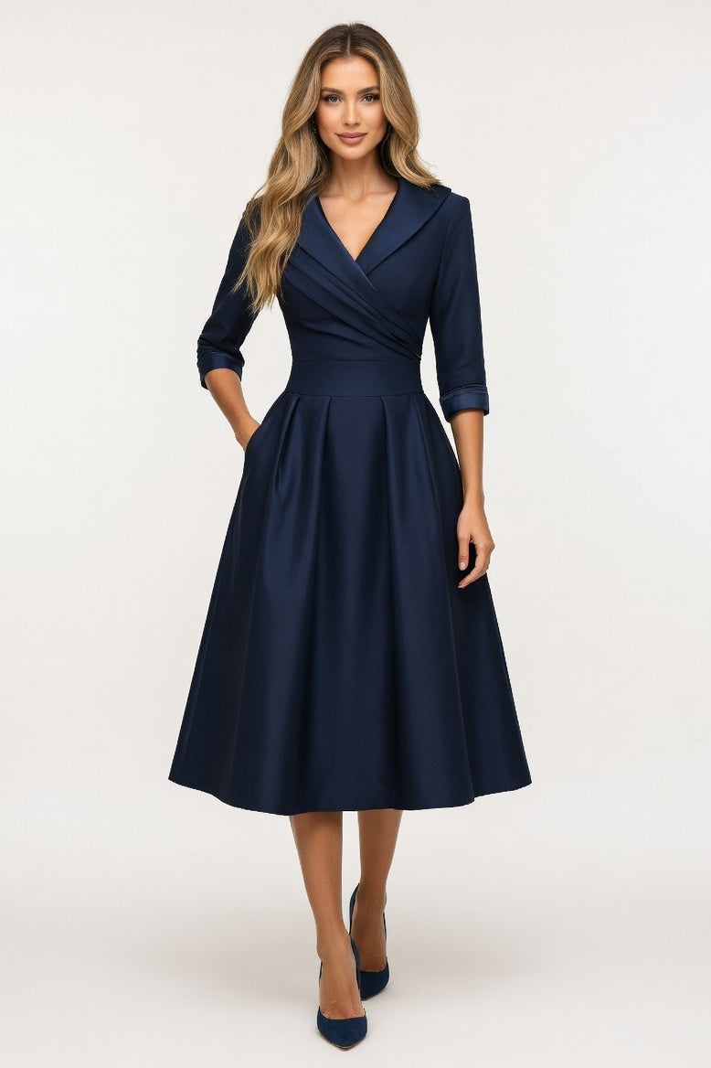Satin Waist-Tie Midi Dress — Dark Blue