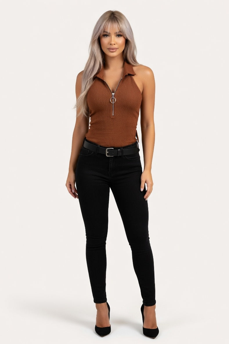 Zip Front Sleeveless Top — Dark Brown