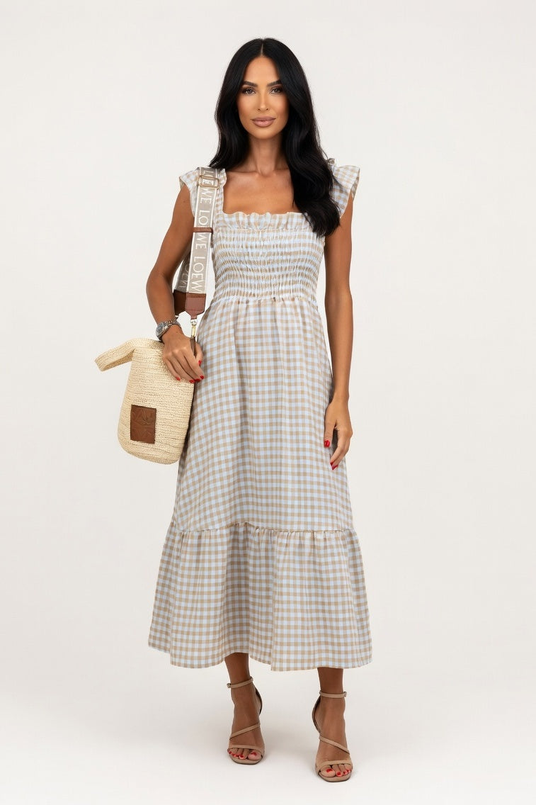 Plaid Patchwork Midi Dress — Off White