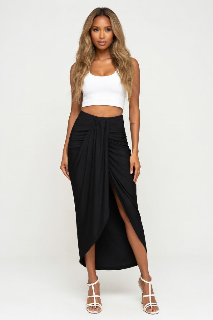 Draped Asymmetric Wrap Skirt — Black