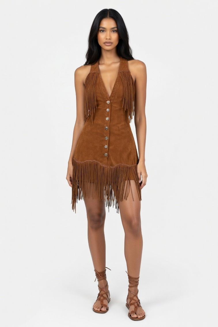 Fringed Suede Western Dress — Dark Brown