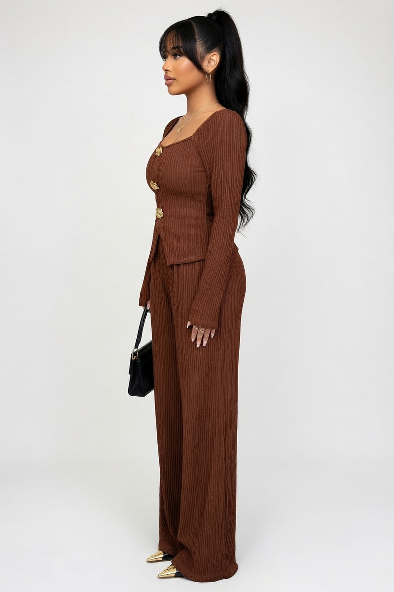 Square Collar Knit Suit with Metal Rose Buckle — side view