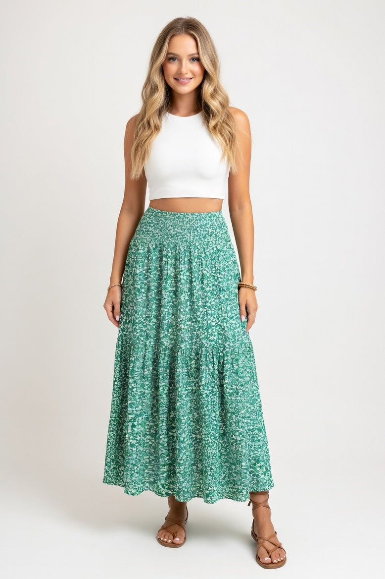 Floral A-Line Midi Skirt — Army Green