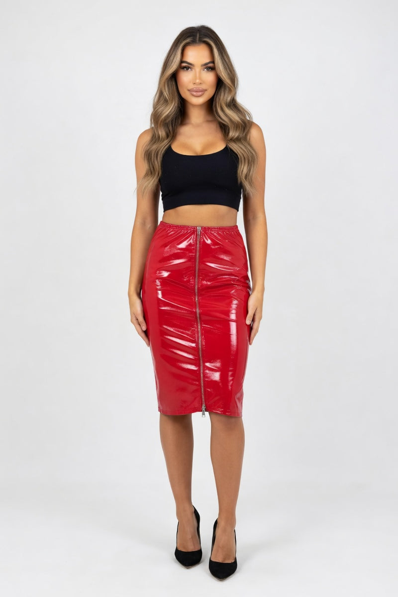 Glossy PU Leather Zip Mini Skirt — front view