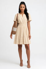 V-Neck Pleated Swing Dress — Apricot
