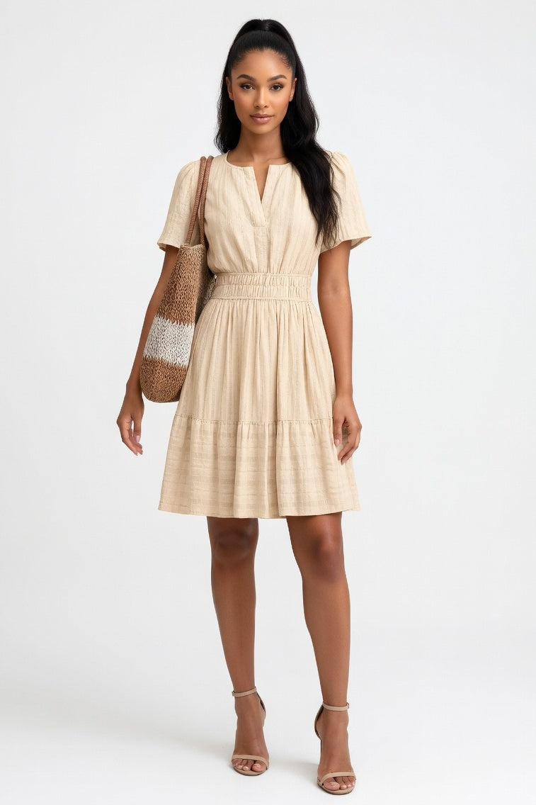 V-Neck Pleated Swing Dress — Apricot