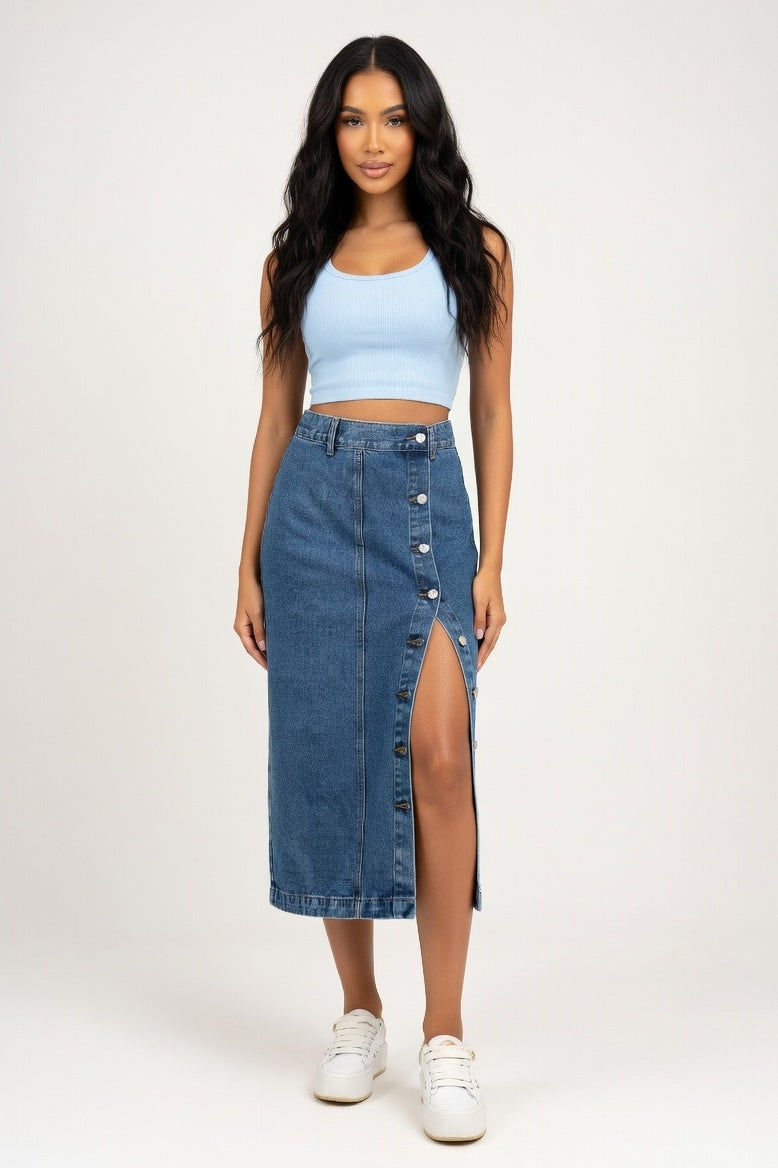 High Waist Slit Denim Skirt — Blue