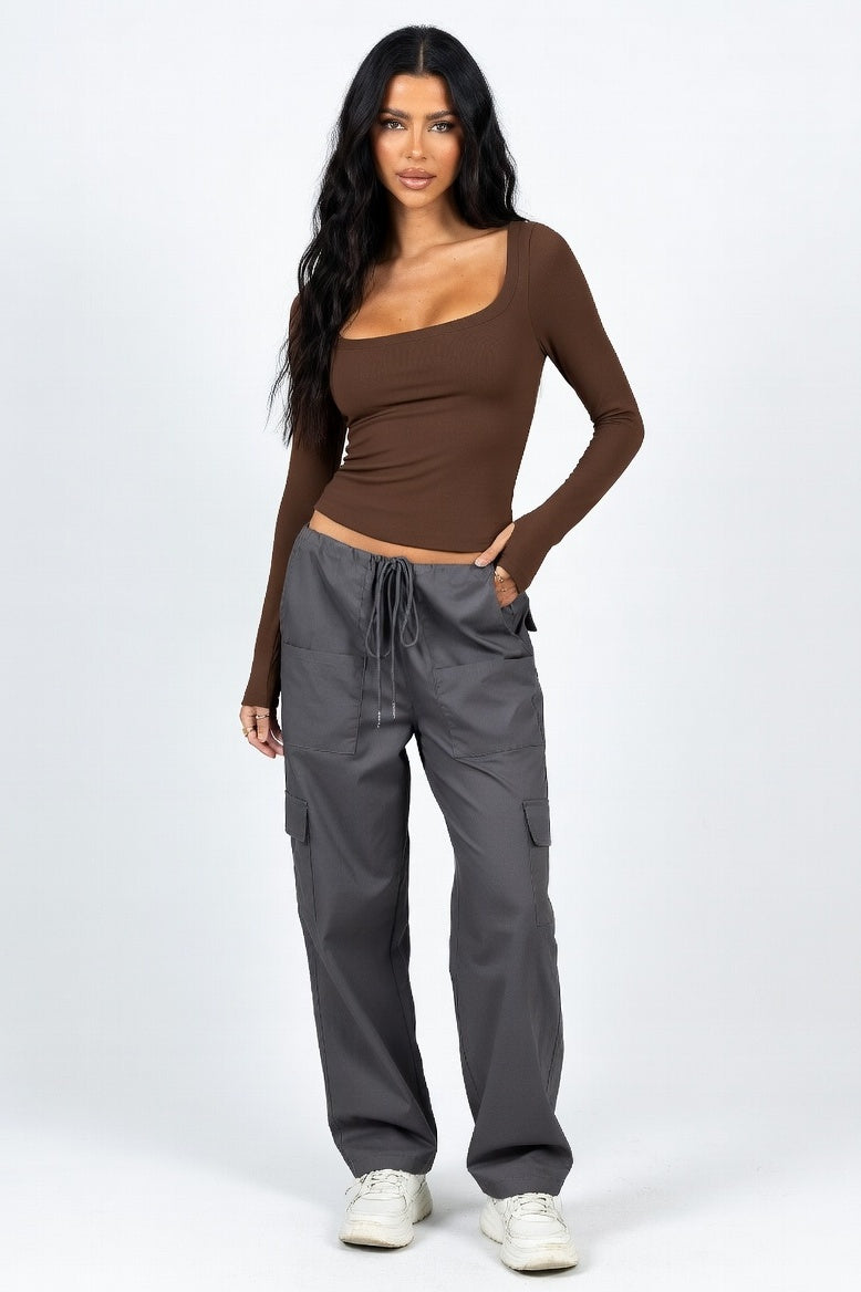 Ribbed U-Neck Long Sleeve Top — Coffee Brown