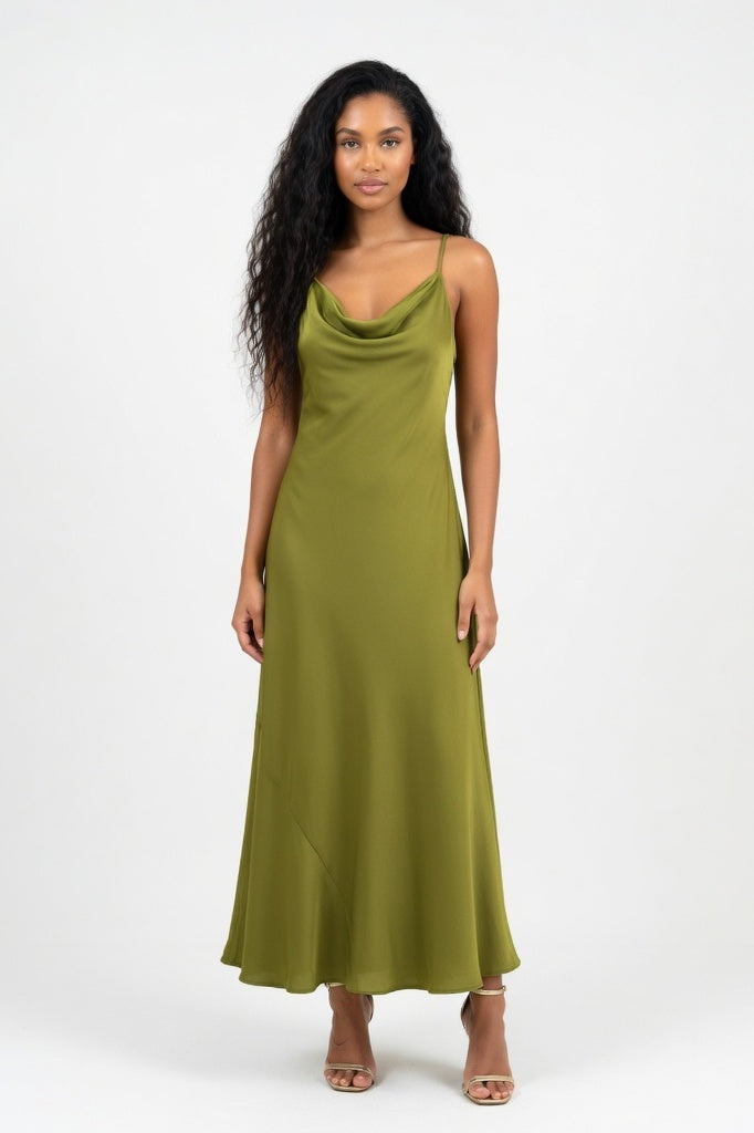 Satin Mini Dress — Olive Green
