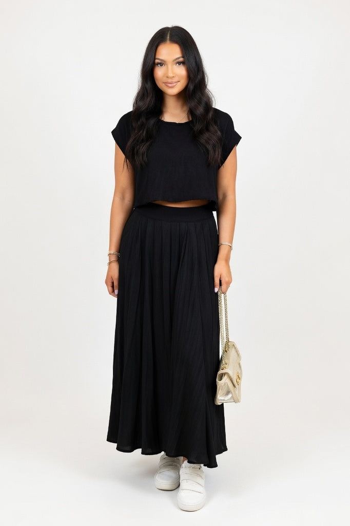 Crop Top & Pleated Midi Skirt Co-ord — Navy Blue