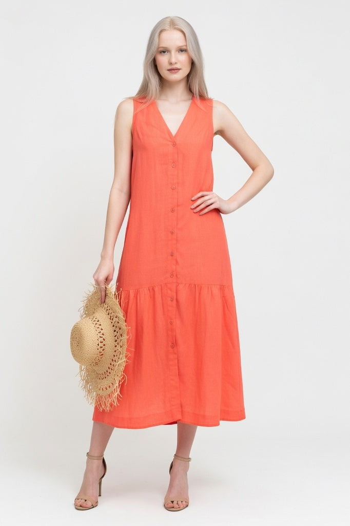Linen V-Neck Maxi Dress — Orange